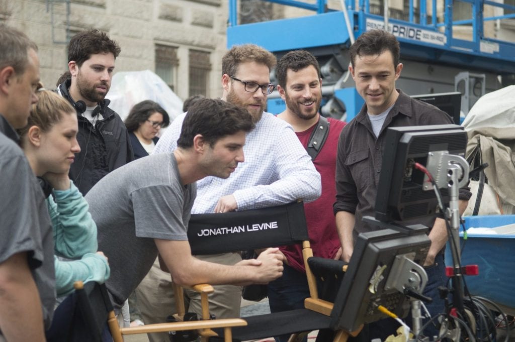 L-r, Direcotr Jonathan Levine, Seth Rogen and Joseph Gordon-Levitt on the set of Columbia Pictures' "The Night Before," also starring Anthony Mackie.