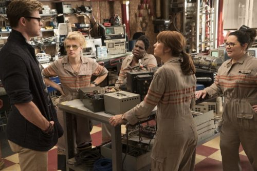 The Ghostbusters Holtzmann (Kate McKinnon), Patty (Leslie Jones), Erin (Kristen Wiig), Abby (Melissa McCarthy) with their receptionist Kevin (Chris Hemsworth) in Columbia Pictures' GHOSTBUSTERS.